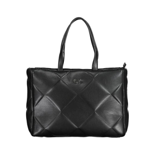 Calvin Klein black polyester handbag with two shoulder handles, internal pocket, zip closure, and CK logo, eco-friendly design.