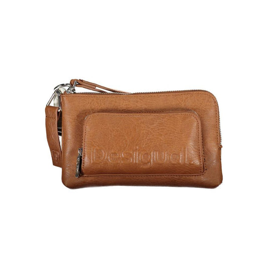 Desigual brown polyethylene handbag with adjustable removable shoulder strap and front pocket, featuring zip closure and logo details.