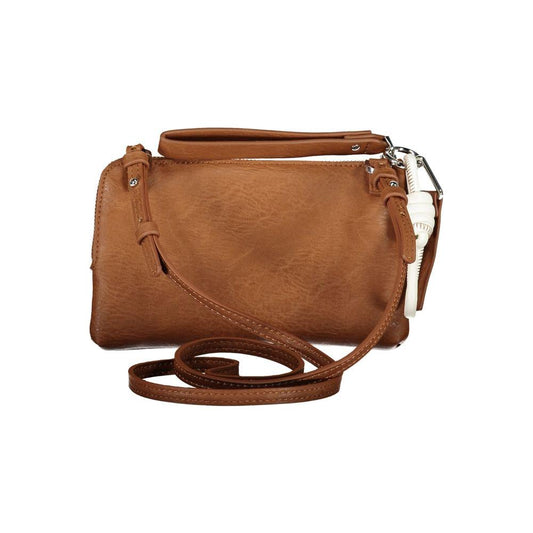 Desigual brown polyethylene handbag with adjustable shoulder strap, external pocket, contrasting details, and zip closure.