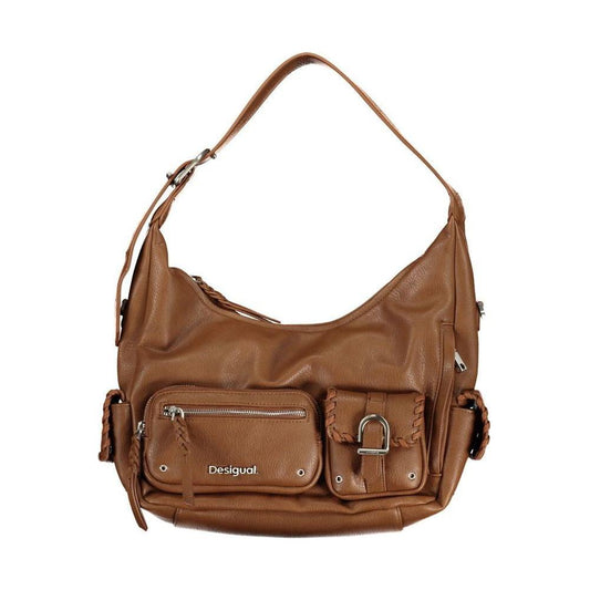 Desigual brown polyethylene handbag with adjustable strap, multiple pockets, and zip closure. Stylish accessory for versatile use.