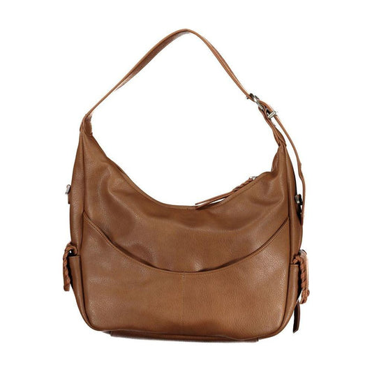 Desigual brown polyethylene handbag with adjustable strap, multiple pockets, zip closure, and logo detail.