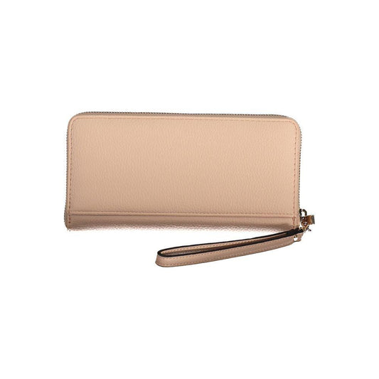 Guess Jeans pink polyethylene women's wallet with multiple compartments and sleek zip closure.