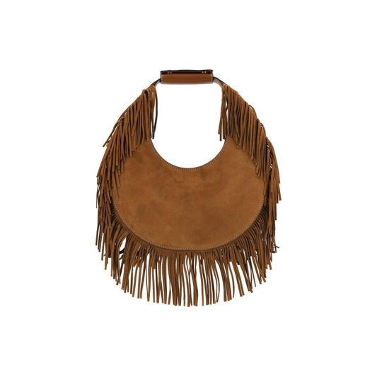 Staud Moon Shoulder Bag with suede design and decorative bangs, featuring a stiff handle and hidden magnetic closure, boho-chic style.