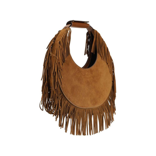 Staud Moon Shoulder Bag, suede with decorative bangs, boho-chic style, stiff handle, hidden magnetic closure, elegant design