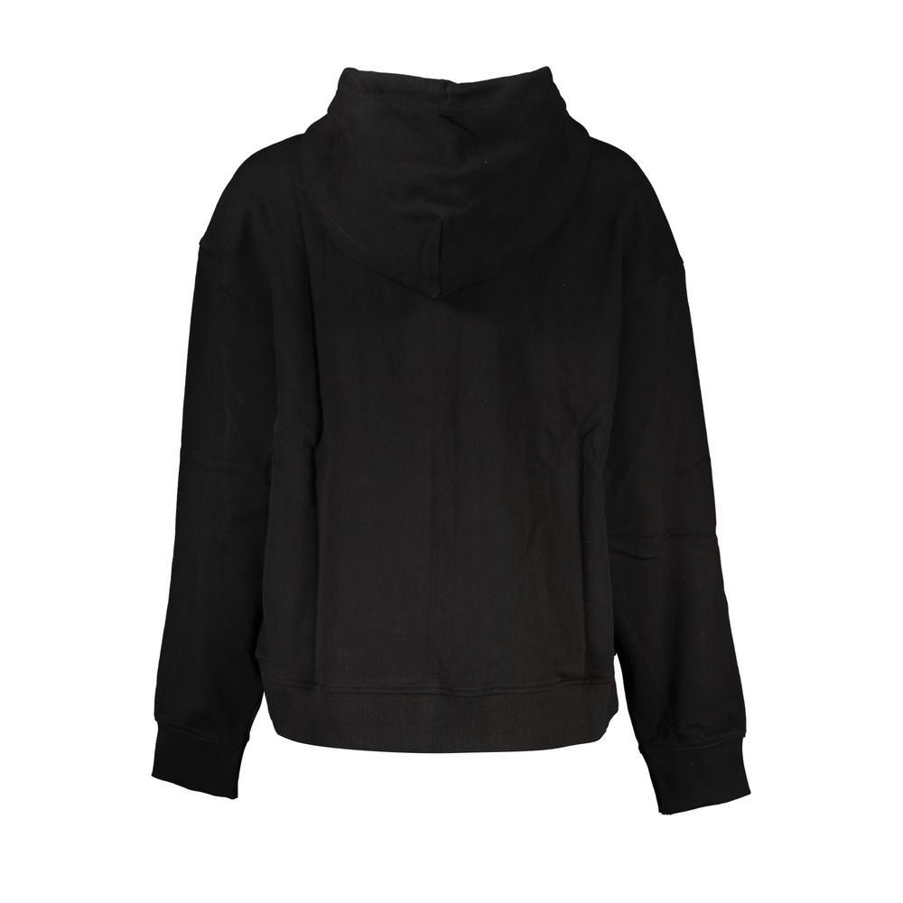 Back view of Tommy Hilfiger Black Cotton Women Sweater with hood and long sleeves, showcasing modern style and comfort.