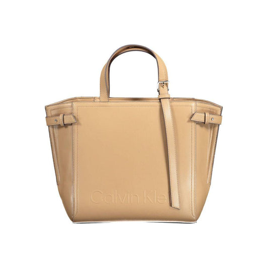 Calvin Klein brown polyester women handbag with adjustable strap and classic handles, emphasizing sustainable fashion.