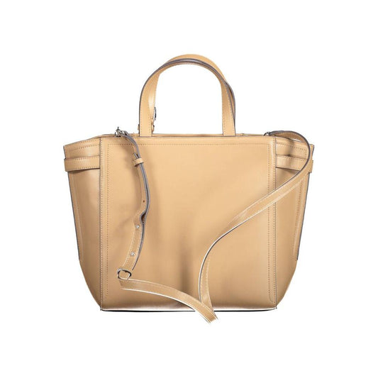 Calvin Klein brown polyester women handbag with adjustable strap and two handles, eco-friendly design with sleek style.