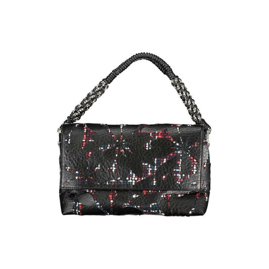 Desigual black polyethylene handbag with removable shoulder handle and strap, featuring multiple compartments and zip closure.