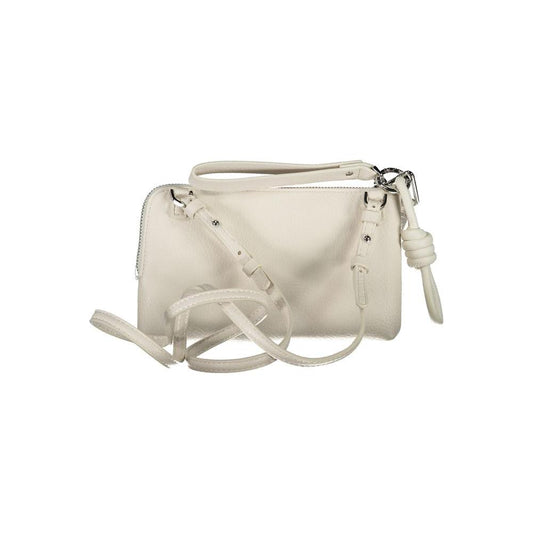 Desigual white polyethylene handbag with adjustable strap, external pocket, contrasting details, and zip closure.