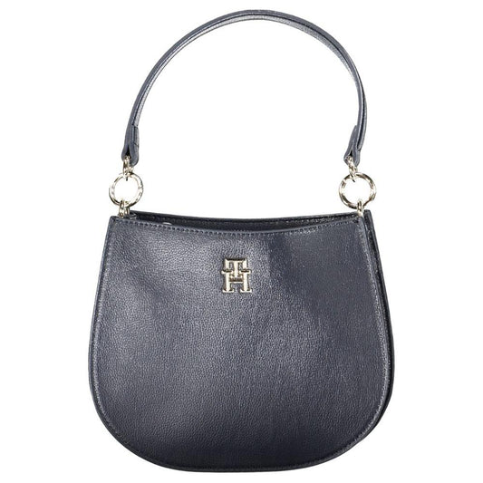 Tommy Hilfiger blue polyester women's handbag with gold logo, featuring a sleek design and sustainable materials.