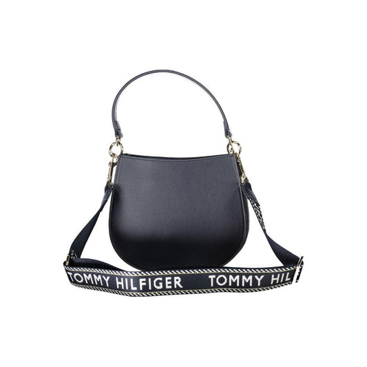 Tommy Hilfiger blue polyester women handbag with logo strap, featuring a sleek design and sustainable materials.
