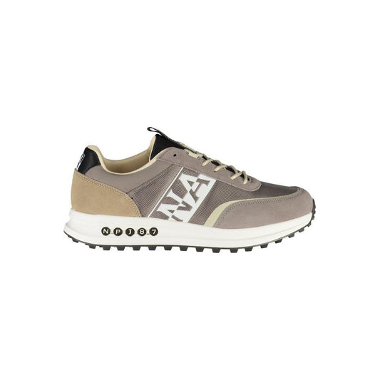 Gray Napapijri sports sneakers with contrasting accents and bold logo print, ideal for modern style and comfort.