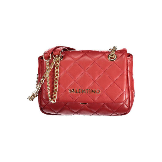 Valentino red polyethylene chain shoulder bag with logo, internal pocket, contrast details, clip closure