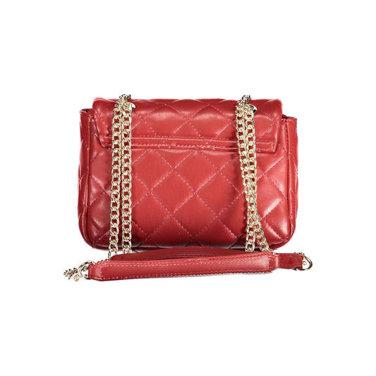 Valentino Bags red polyethylene handbag with chain shoulder strap, contrast details, internal pocket, and clip closure featuring logo.
