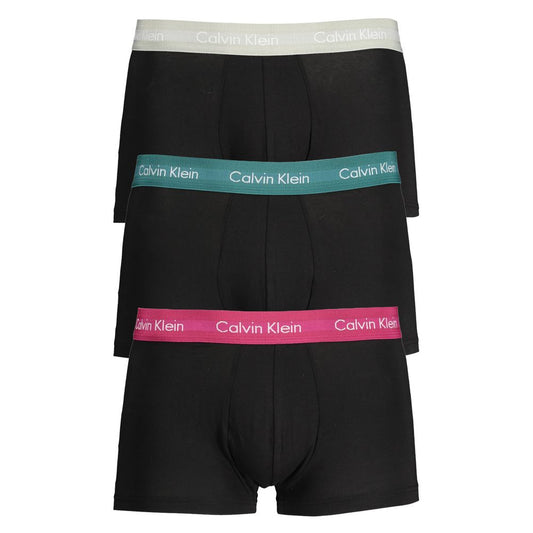 Calvin Klein Black Cotton Underwear with elastic waist and logo, boxer tri-pack in various colors with contrast details.