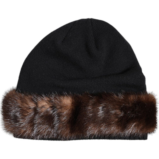 Dolce & Gabbana black knitted beanie hat with fur embellishment, luxury winter accessory, made in Italy, missing tag detail shown