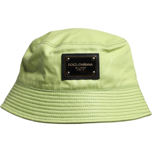 Dolce & Gabbana green wide brim bucket hat with DG plaque, made of 100% cotton and silk lining, luxury men's accessory made in Italy.