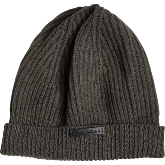 Dolce & Gabbana dark green wool-cashmere knitted beanie hat with logo plaque.