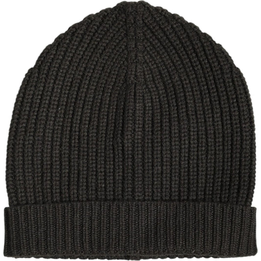 Dolce & Gabbana dark gray cashmere knit beanie hat for men, ribbed winter style, made in Italy.