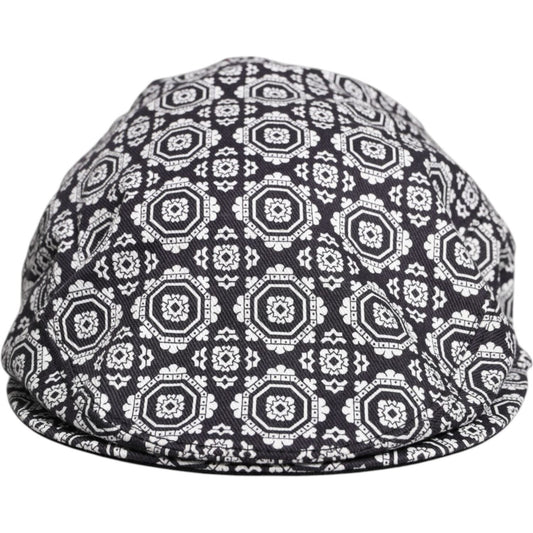 Dolce & Gabbana black and white printed newsboy cap with geometric pattern, 97% cotton, made in Italy.