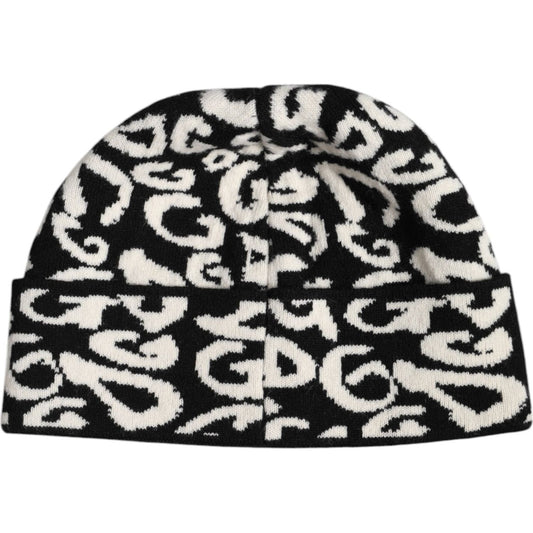 Dolce & Gabbana black white wool beanie hat with DG logo, 70% virgin wool, 30% cashmere, made in Italy, winter fashion accessory.