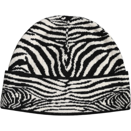Dolce & Gabbana men's black white zebra print knitted winter beanie hat, 70% virgin wool, 30% cashmere, made in Italy
