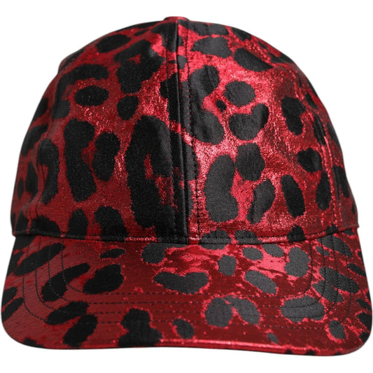 Dolce & Gabbana red leopard print baseball cap with DG logo, 6-panel design, polyester blend, minor defect on closure, made in Italy.