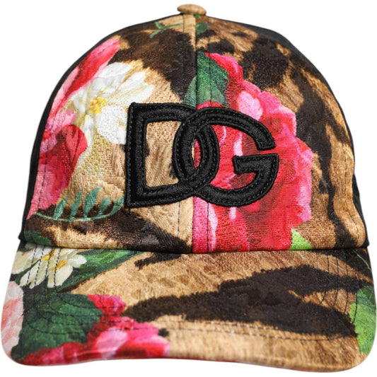 Dolce & Gabbana multicolor baseball cap with DG logo patch, floral print, and six panels; luxury men's accessory.