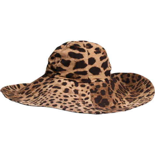 Dolce & Gabbana brown leopard print wide brim women's bucket hat in viscose with logo details, made in Italy.
