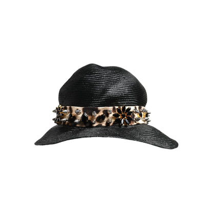 Dolce & Gabbana Black Straw Crystal Embellished Wide Brim Hat