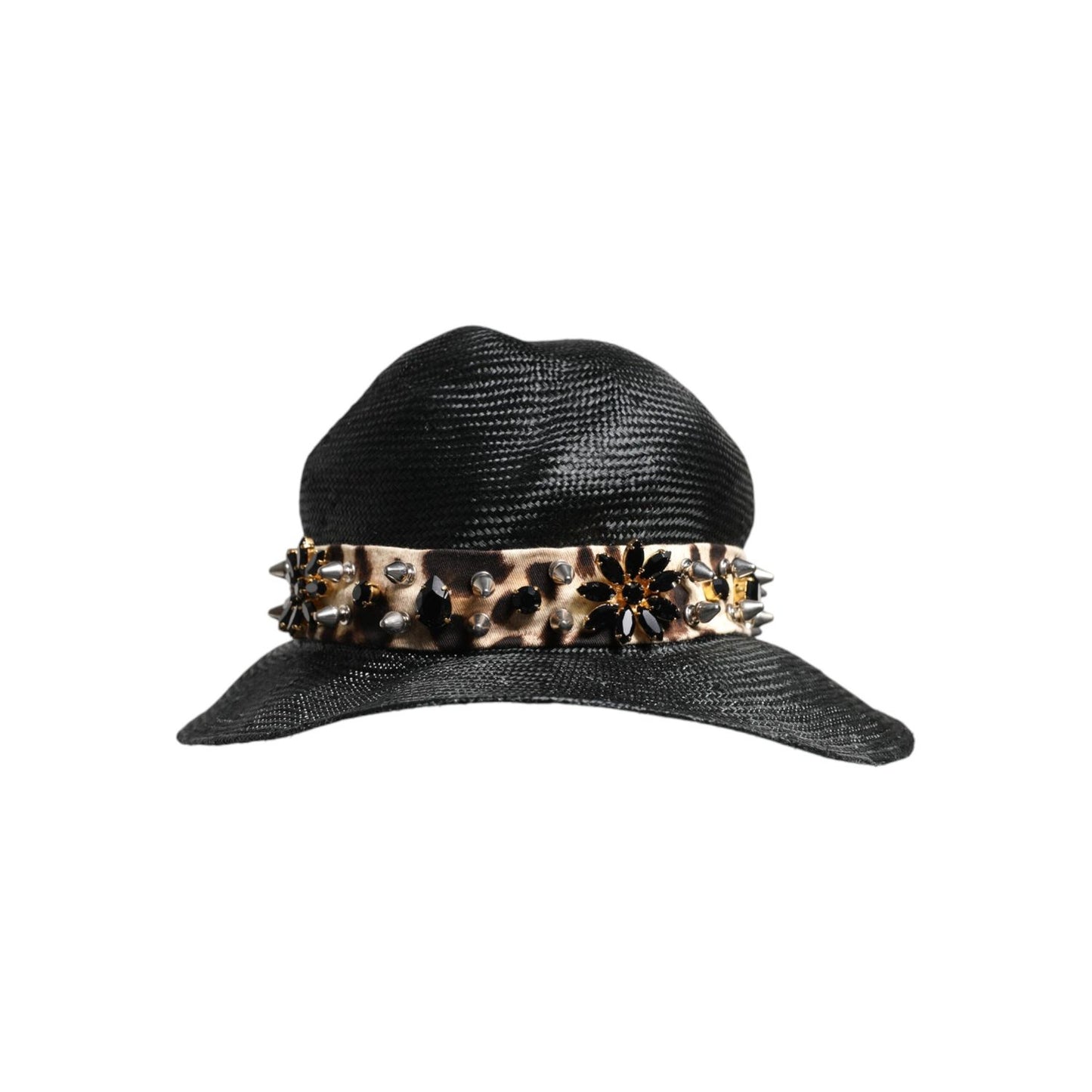 Dolce & Gabbana Black Straw Crystal Embellished Wide Brim Hat