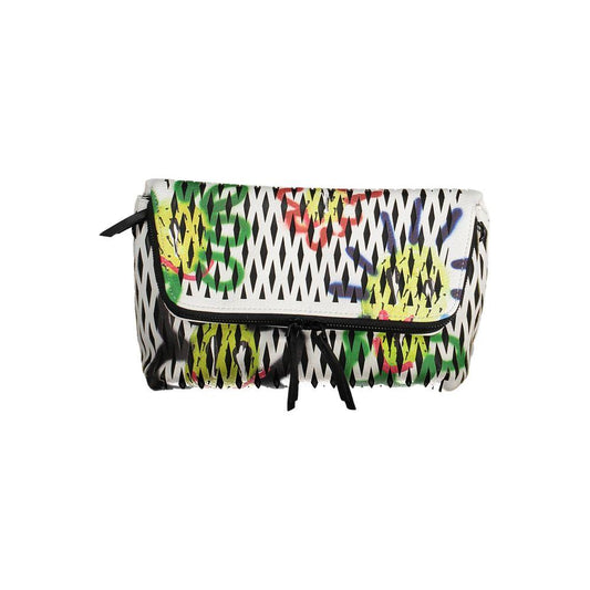 Desigual white polyethylene handbag with colorful geometric design and adjustable strap, ideal for stylish organization on the go.