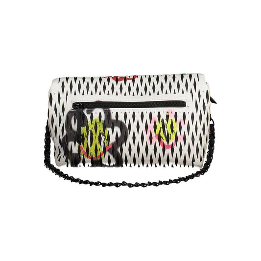 Desigual white polyethylene women's handbag with black chain strap, featuring artistic patterns and versatile storage options.