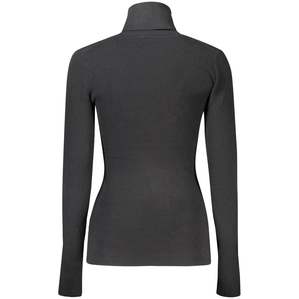 Back view of Calvin Klein Black Cotton Women Sweater with turtleneck, showcasing long sleeves and modern design.