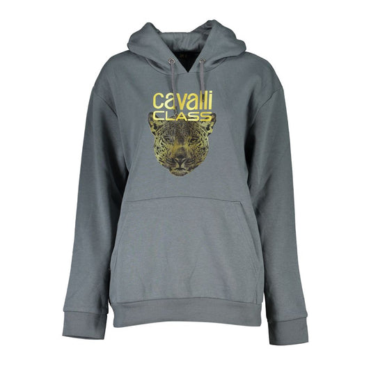 Cavalli Class gray fleece hooded sweatshirt with a prominent logo and leopard print for stylish comfort.