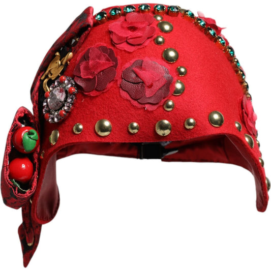 Dolce & Gabbana women's red cloche hat with crystal, gold rose embellishments, multicolored details, preowned, made in Italy.