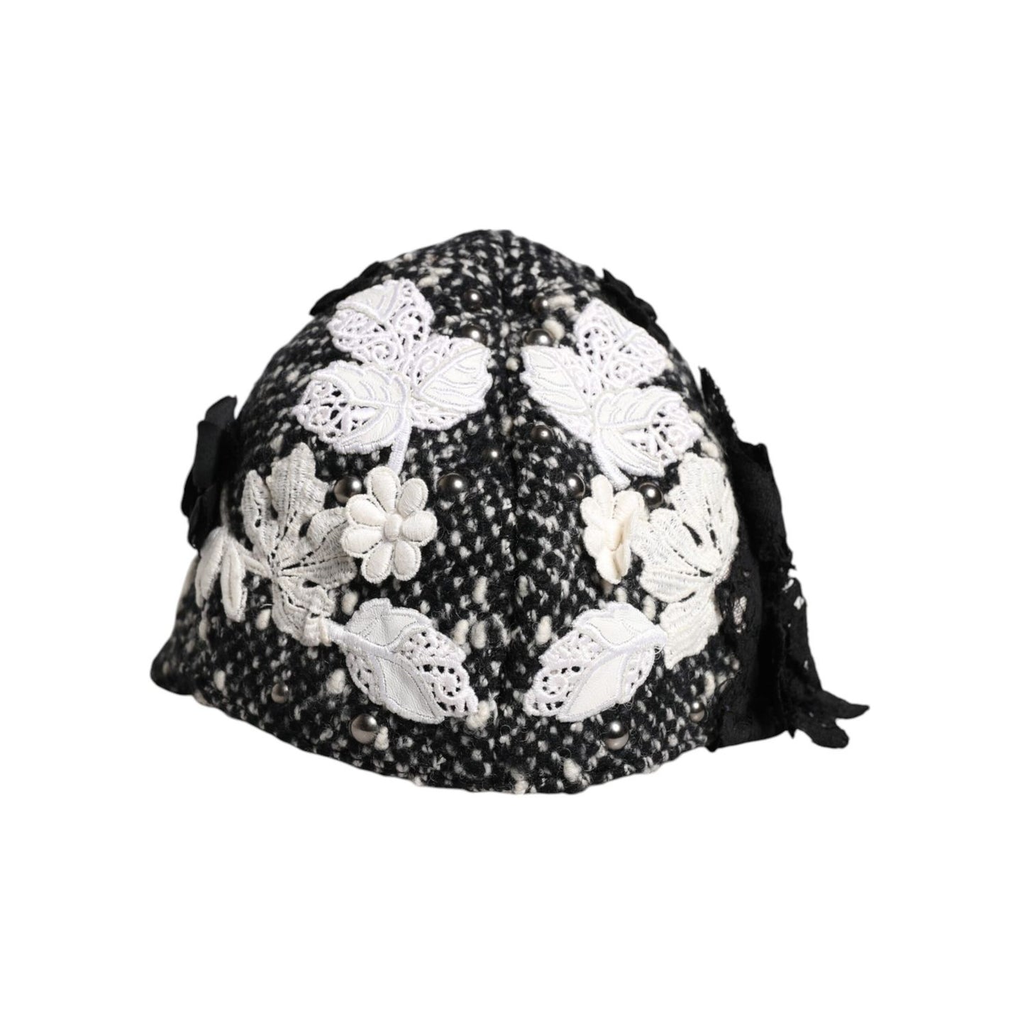 Dolce & Gabbana Black Wool White Floral Embellished Cloche Hat