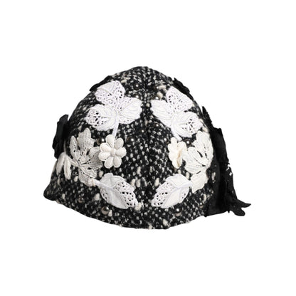 Dolce & Gabbana Black Wool White Floral Embellished Cloche Hat