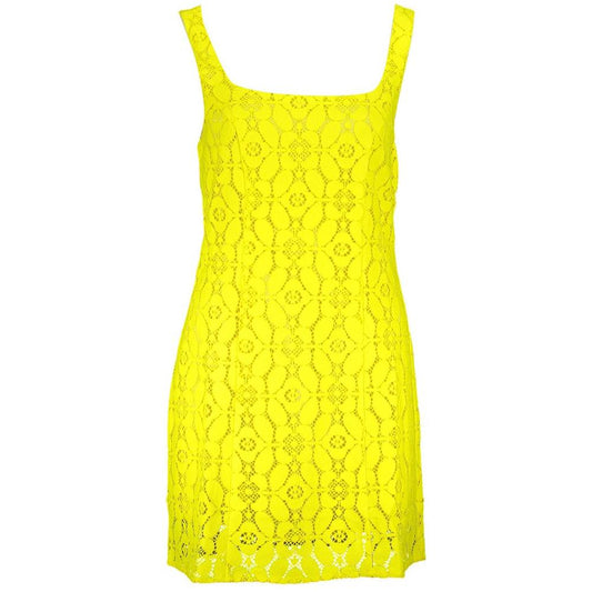 Desigual yellow polyester women’s sleeveless dress with square neckline and intricate patterns, perfect for elegant events.