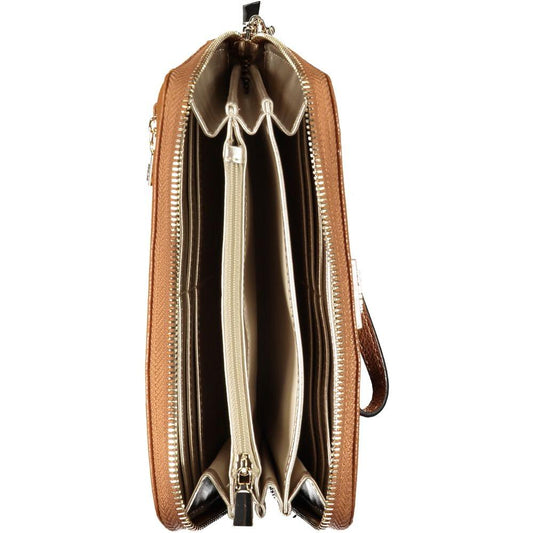 Side view of Guess Jeans Chic Brown Polyethylene Wallet showing compartments and coin purse with zipper.