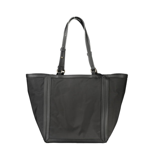 Tommy Hilfiger black polyester handbag with adjustable shoulder handles, internal pockets, contrasting details, and zip closure.