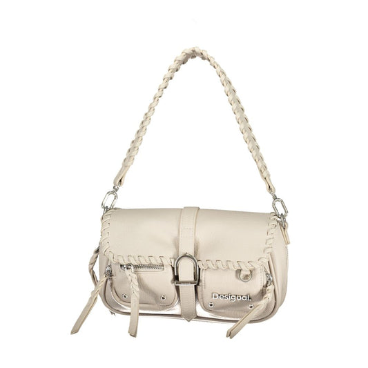 Desigual white polyethylene handbag with braided handle, adjustable strap, external pockets, and contrast details, featuring logo.
