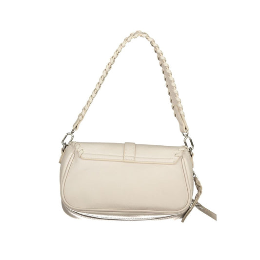 Desigual white polyethylene handbag with adjustable strap and external pockets, featuring zip and buckle closure.