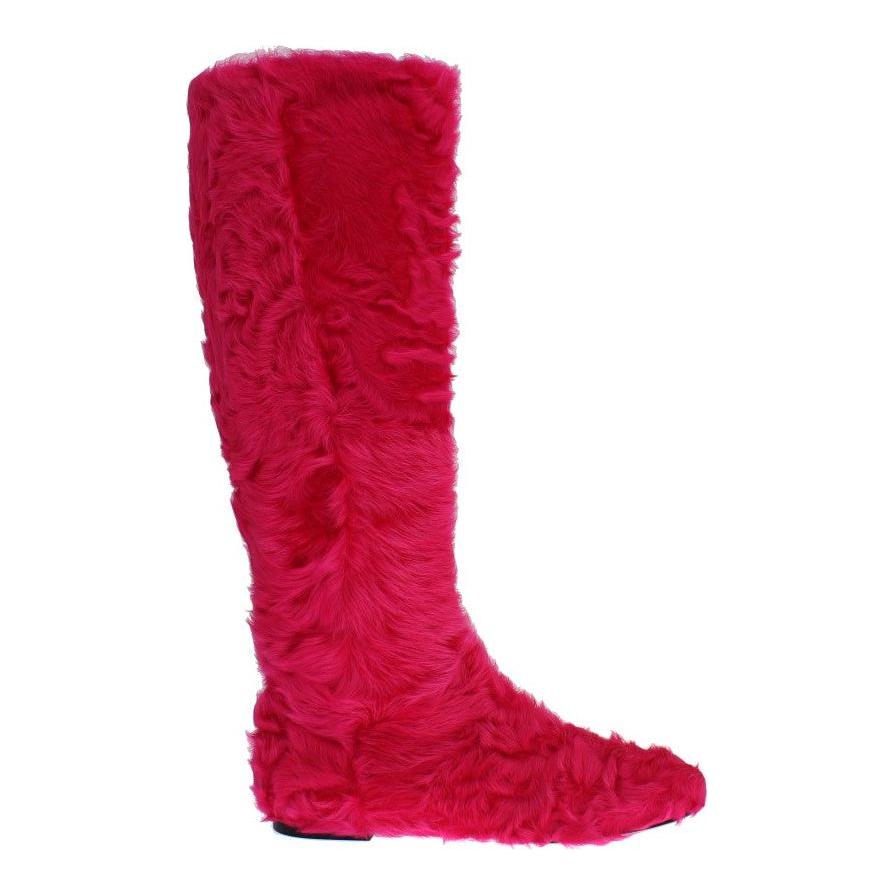 Dolce & Gabbana Pink Lamb Fur Leather Flat Boots