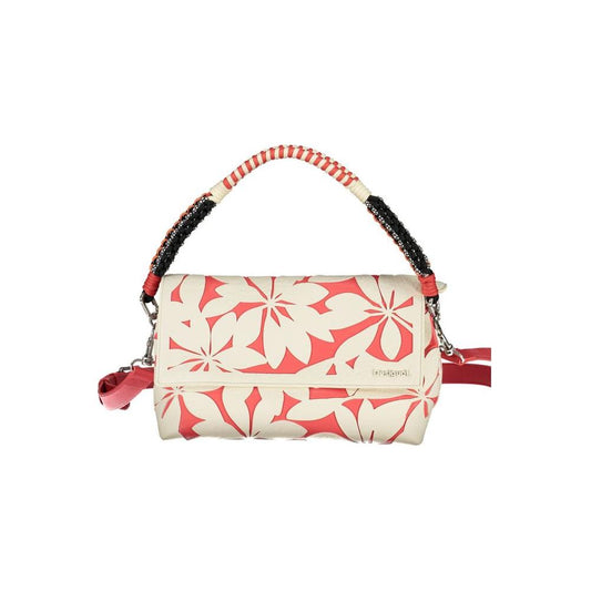 Desigual white handbag with floral design, featuring a shoulder handle, adjustable strap, two compartments, logo, and magnetic closure.