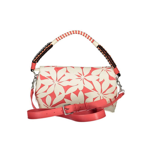 Desigual white polyethylene handbag with contrasting floral design, shoulder handle, removable strap, dual compartments, and logo detail.