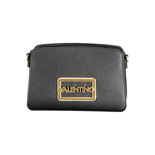 Valentino black polyethylene handbag with logo, removable shoulder handle, adjustable strap, three compartments, and contrast details