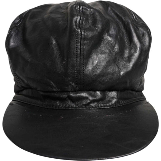 Dolce & Gabbana women's black leather newsboy cap with logo details, scratches on back, made in Italy. High craftsmanship exclusive hat.