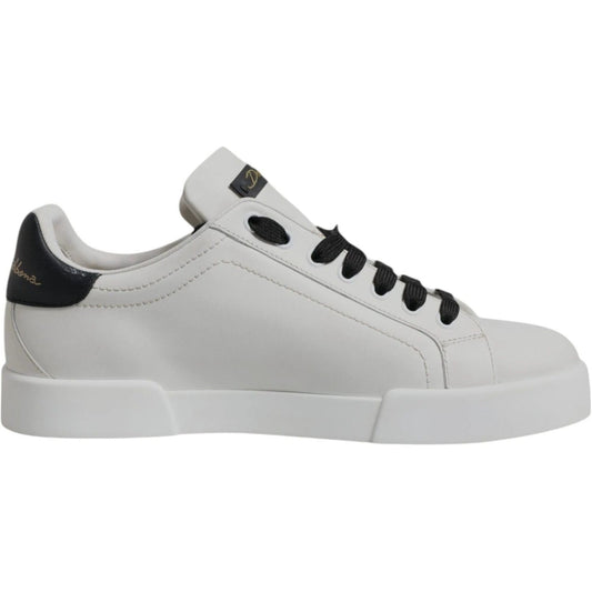 Dolce & Gabbana white leather low-top sneaker with lace-up closure and black details, featuring a logo on the side.