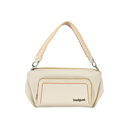 Desigual white polyethylene handbag with removable shoulder handle and strap, contrasting details, and multiple pockets.